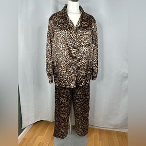 VTG Cinema Etoile 2 Pc Satin Leopard Pajamas Top Pants Sz Lg
